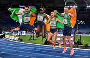 7 June 2024; Ireland 4x400m relay team, from left, Chris O'Donnell, Rhasidat Adeleke, Sharlene Mawdsley and Thomas Barr celebrate after winning the Mixed 4x400m Relay final during day one of the 2024 European Athletics Championships at the Stadio Olimpico in Rome, Italy. Photo by Sam Barnes/Sportsfile