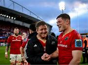 7 June 2024; Stephen Archer and Jack O'Donoghue of Munster after their side's victory in the United Rugby Championship quarter-final match between Munster and Ospreys at Thomond Park in Limerick. Photo by Harry Murphy/Sportsfile