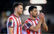 7 June 2024; Cameron McJannet, left, and Patrick Hoban of Derry City after the SSE Airtricity Men's Premier Division match between Derry City and Galway United at The Ryan McBride Brandywell Stadium in Derry. Photo by Ramsey Cardy/Sportsfile