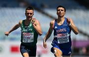 8 June 2024; Chris O'Donnell of Ireland, left, and Téo Andant of France compete in round one of the men's 400m during day two of the 2024 European Athletics Championships at the Stadio Olimpico in Rome, Italy. Photo by Sam Barnes/Sportsfile