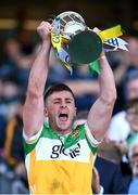 8 June 2024; Offaly captain Jason Sampson lifts the Joe McDonagh Cup after his side's victory in the Joe McDonagh Cup final match between Laois and Offaly at Croke Park in Dublin. Photo by Seb Daly/Sportsfile