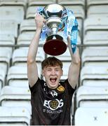 8 June 2024; Down captain Barra McEvoy lifts the Seamus Heaney Cup after the Electric Ireland All-Ireland Minor Football Tier 3 Championship final match between Down and Westmeath at Kingspan Breffni Park in Cavan. Photo by Oliver McVeigh/Sportsfile