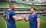 8 June 2024; Ross Molony and Cian Healy of Leinster after their side's victory in the United Rugby Championship quarter-final match between Leinster and Ulster at the Aviva Stadium in Dublin. Photo by Harry Murphy/Sportsfile
