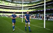 8 June 2024; Ross Byrne and Ross Molony of Leinster after their side's victory in the United Rugby Championship quarter-final match between Leinster and Ulster at the Aviva Stadium in Dublin. Photo by Harry Murphy/Sportsfile