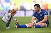 8 June 2024; Cian Healy of Leinster with his son Beau after the United Rugby Championship quarter-final match between Leinster and Ulster at Aviva Stadium in Dublin. Photo by Ramsey Cardy/Sportsfile