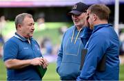 8 June 2024; Ulster head coach Richie Murphy, left, in conversation with assistant coach Dan Soper, centre, and defence coach Jonny Bell after the United Rugby Championship quarter-final match between Leinster and Ulster at Aviva Stadium in Dublin. Photo by Ramsey Cardy/Sportsfile