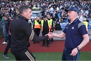 8 June 2024; Kilkenny manager Derek Lyng, left, and Dublin manager Micheál Donoghue shake hands after the Leinster GAA Hurling Senior Championship final match between Dublin and Kilkenny at Croke Park in Dublin. Photo by Seb Daly/Sportsfile