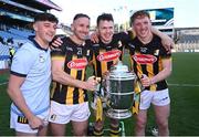 8 June 2024; Kilkenny players, from left, Cian Kenny, Conor Fogarty, TJ Reid and John Donnelly celebrate with the Bob O'Keeffe Cup after their side's victory in the Leinster GAA Hurling Senior Championship final match between Dublin and Kilkenny at Croke Park in Dublin. Photo by Seb Daly/Sportsfile
