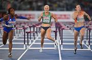 8 June 2024; Sarah Lavin of Ireland clips the final hurdle behind eventual winner Cyréna Samba-Mayela of France, left, and Nadine Visser of Netherlands in the women's 100m hurdles final during day two of the 2024 European Athletics Championships at the Stadio Olimpico in Rome, Italy. Photo by Sam Barnes/Sportsfile