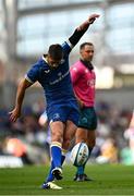 8 June 2024; Ross Byrne of Leinster kicks a conversion during the United Rugby Championship quarter-final match between Leinster and Ulster at the Aviva Stadium in Dublin. Photo by Harry Murphy/Sportsfile