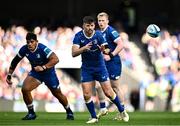 8 June 2024; Ross Byrne of Leinster, centre, with Michael Ala'alatoa and Jamie Osborne during the United Rugby Championship quarter-final match between Leinster and Ulster at the Aviva Stadium in Dublin. Photo by Harry Murphy/Sportsfile