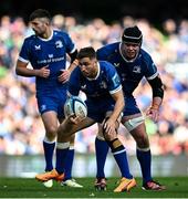 8 June 2024; Jordan Larmour of Leinster, centre, with Ross Byrne and James Ryan during the United Rugby Championship quarter-final match between Leinster and Ulster at the Aviva Stadium in Dublin. Photo by Harry Murphy/Sportsfile