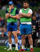 8 June 2024; Garry Ringrose of Leinster and Leinster contact skills coach Sean O'Brien during the United Rugby Championship quarter-final match between Leinster and Ulster at the Aviva Stadium in Dublin. Photo by Harry Murphy/Sportsfile