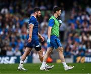 8 June 2024; Robbie Henshaw of Leinster leaves the pitch with Leinster team doctor Stuart O'Flanagan during the United Rugby Championship quarter-final match between Leinster and Ulster at the Aviva Stadium in Dublin. Photo by Harry Murphy/Sportsfile