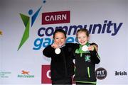 9 June 2024; Fiadh Hayes, left, who won gold in the girls under-9 floor gymnastics and Tori O'Sullivan who won silver from Fossa, Co Kerry at the Cairn Community Games June 2024 Finals at The Watershed in Kilkenny. Photo by Matt Browne/Sportsfile