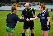 9 June 2024; Referee Shane Curley with team captains Niamh McLaughlin of Donegal, left, and Niamh Carmody of Kerry before the TG4 All-Ireland Ladies Football Senior Championship Round 1 match between Donegal and Kerry at MacCumhaill Park in Ballybofey, Donegal. Photo by Ben McShane/Sportsfile
