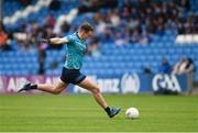 9 June 2024; Laois goalkeeper Killian Roche kicks a point from a free during the Tailteann Cup preliminary quarter-final match between Laois and New York at Laois Hire O'Moore Park in Portlaoise, Laois. Photo by Tom Beary/Sportsfile