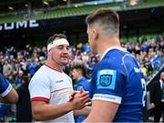 8 June 2024; Rob Herring of Ulster and Dan Sheehan of Leinster after the United Rugby Championship quarter-final match between Leinster and Ulster at the Aviva Stadium in Dublin. Photo by Harry Murphy/Sportsfile
