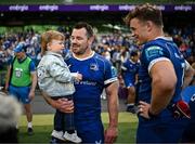 8 June 2024; Cian Healy of Leinster, with his son Russell and Josh van der Flier of Leinster after the United Rugby Championship quarter-final match between Leinster and Ulster at the Aviva Stadium in Dublin. Photo by Harry Murphy/Sportsfile
