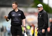 9 June 2024; Clare manager Brian Lohan wiith linesman Michael Kennedy during the Munster GAA Hurling Senior Championship final match between Clare and Limerick at FBD Semple Stadium in Thurles, Tipperary. Photo by Piaras Ó Mídheach/Sportsfile