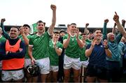 9 June 2024; Limerick players, from left, Darragh O'Donovan, Diarmaid Byrnes, Gearóid Hegarty and Sean Finn celebrate after the Munster GAA Hurling Senior Championship final match between Clare and Limerick at FBD Semple Stadium in Thurles, Tipperary. Photo by Brendan Moran/Sportsfile