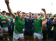 9 June 2024; Limerick players, from left,  Mike Casey, Sean Finn and Graeme Mulcahy celebrate after the Munster GAA Hurling Senior Championship final match between Clare and Limerick at FBD Semple Stadium in Thurles, Tipperary. Photo by Brendan Moran/Sportsfile