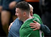 9 June 2024; Limerick captain Declan Hannon, left, celebrates with manager John Kiely after the Munster GAA Hurling Senior Championship final match between Clare and Limerick at FBD Semple Stadium in Thurles, Tipperary. Photo by Brendan Moran/Sportsfile