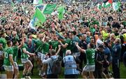 9 June 2024; Limerick players celebrate with their supporters after the Munster GAA Hurling Senior Championship final match between Clare and Limerick at FBD Semple Stadium in Thurles, Tipperary. Photo by Brendan Moran/Sportsfile