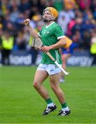 9 June 2024; Adam English of Limerick celebrates on the final whistle of the Munster GAA Hurling Senior Championship final match between Clare and Limerick at FBD Semple Stadium in Thurles, Tipperary. Photo by Ray McManus/Sportsfile