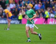 9 June 2024; Adam English of Limerick celebrates on the final whistle of the Munster GAA Hurling Senior Championship final match between Clare and Limerick at FBD Semple Stadium in Thurles, Tipperary. Photo by Ray McManus/Sportsfile