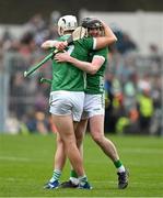 9 June 2024; Limerick players, from left, Kyle Hayes and Declan Hannon celebrate at the final whistle of the Munster GAA Hurling Senior Championship final match between Clare and Limerick at FBD Semple Stadium in Thurles, Tipperary. Photo by Brendan Moran/Sportsfile