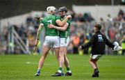 9 June 2024; Limerick players, from left, Kyle Hayes and Declan Hannon celebrate at the final whistle of the Munster GAA Hurling Senior Championship final match between Clare and Limerick at FBD Semple Stadium in Thurles, Tipperary. Photo by Brendan Moran/Sportsfile