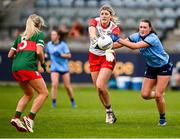 9 June 2024; Mayo goalkeeper Laura Brennan in action against Niamh Hetherton of Dublin during the TG4 All-Ireland Ladies Football Senior Championship Round 1 match between Dublin and Mayo at Parnell Park in Dublin. Photo by Seb Daly/Sportsfile