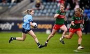 9 June 2024; Caoimhe O'Connor of Dublin in action against Mayo players Nicola O'Malley and Éilís Ronayne during the TG4 All-Ireland Ladies Football Senior Championship Round 1 match between Dublin and Mayo at Parnell Park in Dublin. Photo by Seb Daly/Sportsfile