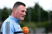 9 June 2024; Dublin manager Mick Bohan is interviewed before the TG4 All-Ireland Ladies Football Senior Championship Round 1 match between Dublin and Mayo at Parnell Park in Dublin. Photo by Seb Daly/Sportsfile