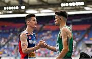 10 June 2024; Andrew Coscoran of Ireland, right, and Jakob Ingebrigtsen of Norway after their men's 1500m heat during day four of the 2024 European Athletics Championships at the Stadio Olimpico in Rome, Italy. Photo by Sam Barnes/Sportsfile