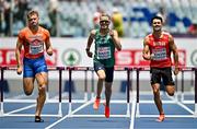 10 June 2024; Thomas Barr of Ireland, centre, competes with Julien Bonvin of Switzerland, right, and Nick Smidt of Netherlands in their men's 400m hurdles semi-final during day four of the 2024 European Athletics Championships at the Stadio Olimpico in Rome, Italy. Photo by Sam Barnes/Sportsfile