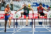 10 June 2024; Thomas Barr of Ireland, centre, competes with Julien Bonvin of Switzerland, right, and Nick Smidt of Netherlands in their men's 400m hurdles semi-final during day four of the 2024 European Athletics Championships at the Stadio Olimpico in Rome, Italy. Photo by Sam Barnes/Sportsfile