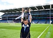 10 June 2024; Ruairí Ó Faoláin of Gaelscoil Míde, Raheny, celebrates with the cup after his side's victory over St Fintan's NS, Sutton, in the Corn Padraig Mac Giolla Bhearraigh Final during the Allianz Cumann na mBunscoil Finals at Croke Park in Dublin. Photo by Piaras Ó Mídheach/Sportsfile