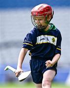 10 June 2024; Tomás Stíobhard of Gaelscoil Míde, Raheny, celebrates after his side's victory over St Fintan's NS, Sutton, during the Corn Padraig Mac Giolla Bhearraigh Final during the Allianz Cumann na mBunscoil Finals at Croke Park in Dublin. Photo by Piaras Ó Mídheach/Sportsfile