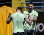 10 June 2024; Shane Duffy and Troy Parrott, left, during a Republic of Ireland training session at Estádio de São Miguel in Gondomar, Portugal. Photo by Stephen McCarthy/Sportsfile