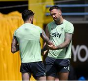 10 June 2024; Shane Duffy and Troy Parrott, left, during a Republic of Ireland training session at Estádio de São Miguel in Gondomar, Portugal. Photo by Stephen McCarthy/Sportsfile