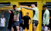 10 June 2024; Shane Duffy, Matt Doherty, right, and Troy Parrott, left, during a Republic of Ireland training session at Estádio de São Miguel in Gondomar, Portugal. Photo by Stephen McCarthy/Sportsfile