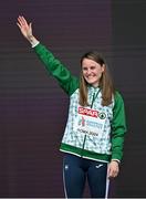 10 June 2024; Ciara Mageean of Ireland celebrates on the podium after winning the Women's 1500m final during day four of the 2024 European Athletics Championships at the Stadio Olimpico in Rome, Italy. Photo by Sam Barnes/Sportsfile