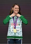 10 June 2024; Ciara Mageean of Ireland celebrates with her gold medal on the podium after winning the Women's 1500m final during day four of the 2024 European Athletics Championships at the Stadio Olimpico in Rome, Italy. Photo by Sam Barnes/Sportsfile