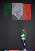 10 June 2024; Ciara Mageean of Ireland wipes away a tear as Amhrán na bhFiann plays on the podium after winning the Women's 1500m final during day four of the 2024 European Athletics Championships at the Stadio Olimpico in Rome, Italy. Photo by Sam Barnes/Sportsfile