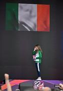 10 June 2024; Ciara Mageean of Ireland wipes away a tear as Amhrán na bhFiann plays on the podium after winning the Women's 1500m final during day four of the 2024 European Athletics Championships at the Stadio Olimpico in Rome, Italy. Photo by Sam Barnes/Sportsfile