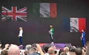 10 June 2024; Women's 1500m medallists, from left, Georgia Bell of Great Britain, silver, Ciara Mageean of Ireland, gold, and Agathe Guillemot of France, bronze, stand on the podium as Amhrán na bhFiann is played during day four of the 2024 European Athletics Championships at the Stadio Olimpico in Rome, Italy. Photo by Sam Barnes/Sportsfile