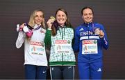 10 June 2024; Women's 1500m medallists, from left, Georgia Bell of Great Britain, silver, Ciara Mageean of Ireland, gold, and Agathe Guillemot of France, bronze, pose with their medals on the podium during day four of the 2024 European Athletics Championships at the Stadio Olimpico in Rome, Italy. Photo by Sam Barnes/Sportsfile