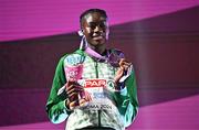 10 June 2024; Women's 400m silver medallist Rhasidat Adeleke of Ireland celebrates with her medal during day four of the 2024 European Athletics Championships at the Stadio Olimpico in Rome, Italy. Photo by Sam Barnes/Sportsfile